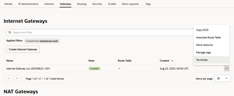 old vcn internet gateway terminate